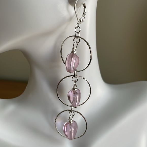 Hand Crafted Jewelry - HAND CRAFTED EARRINGS Pink Hearts Silver Rings Drop Dangle Valentine’s Day